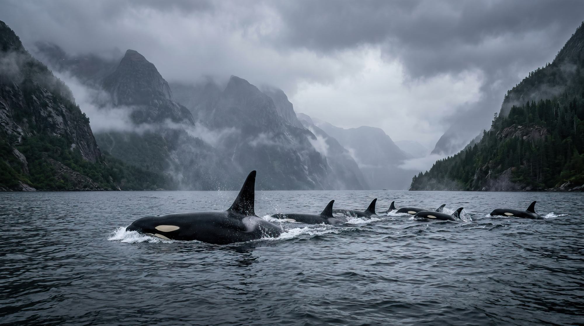 A pod of orcas moving together through a fjord, the image behind the Orca Agency headline. One pod, one direction, which is how our three divisions work.